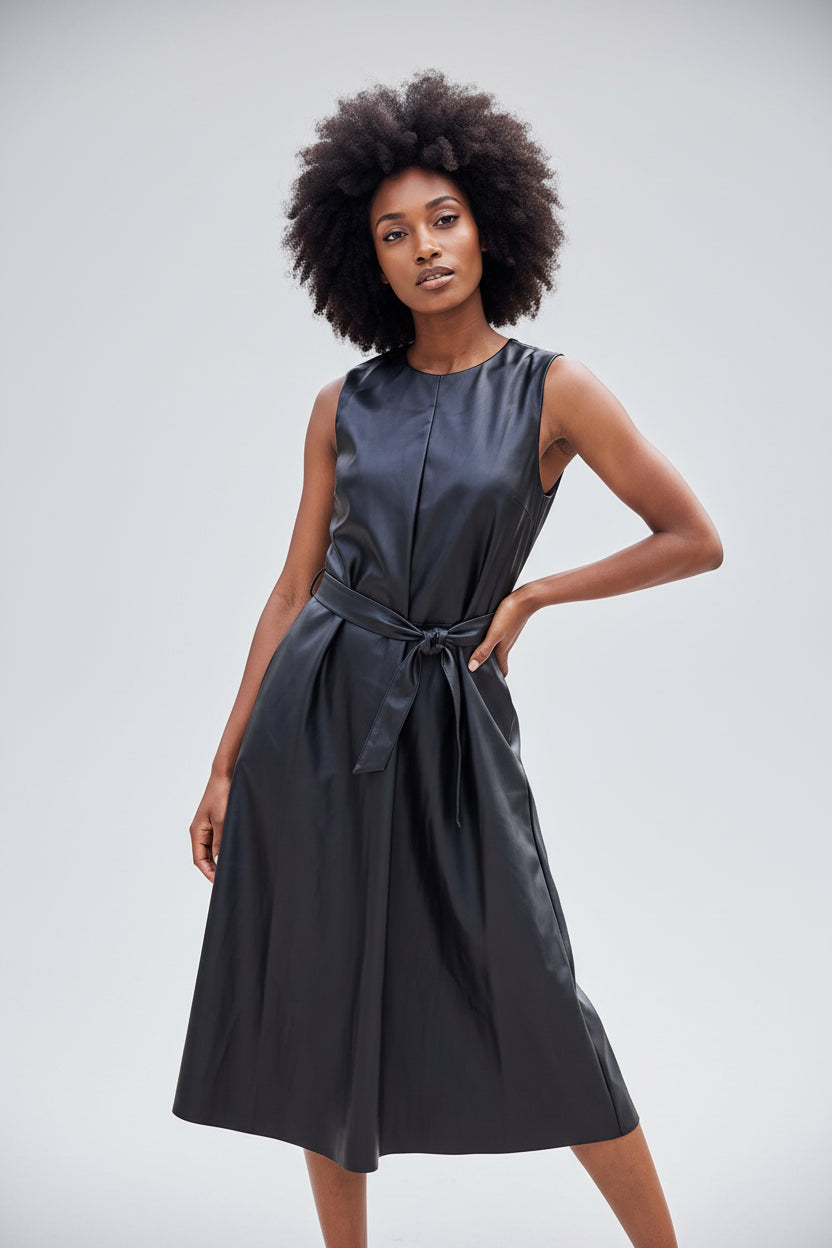 Midi Leather Dress with belt and pockets