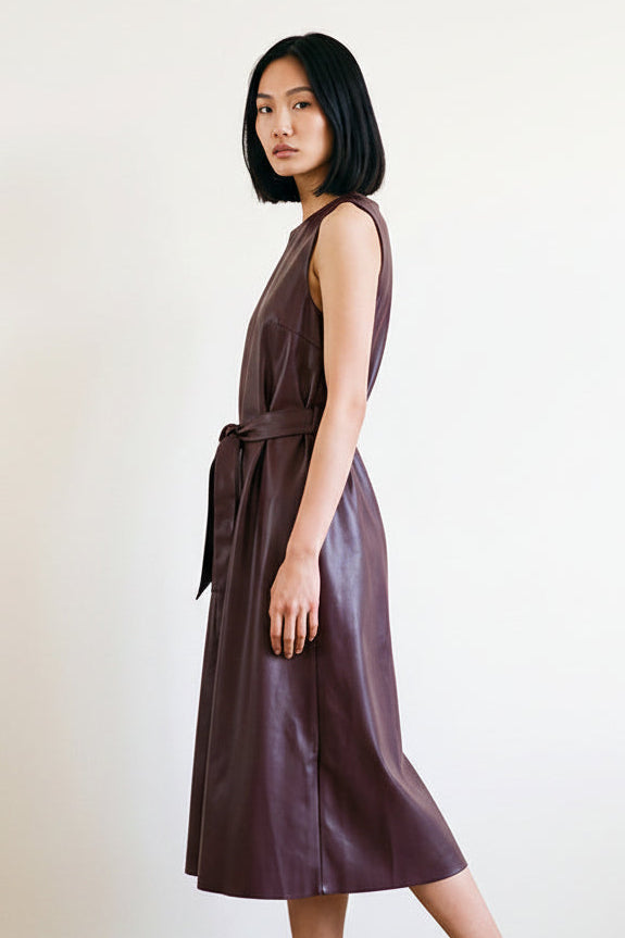 Midi Leather Dress with belt and pockets