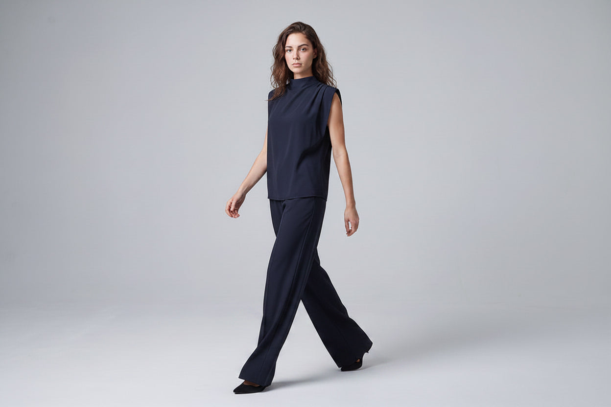 Crew neck sleevless shirt and wide trouser