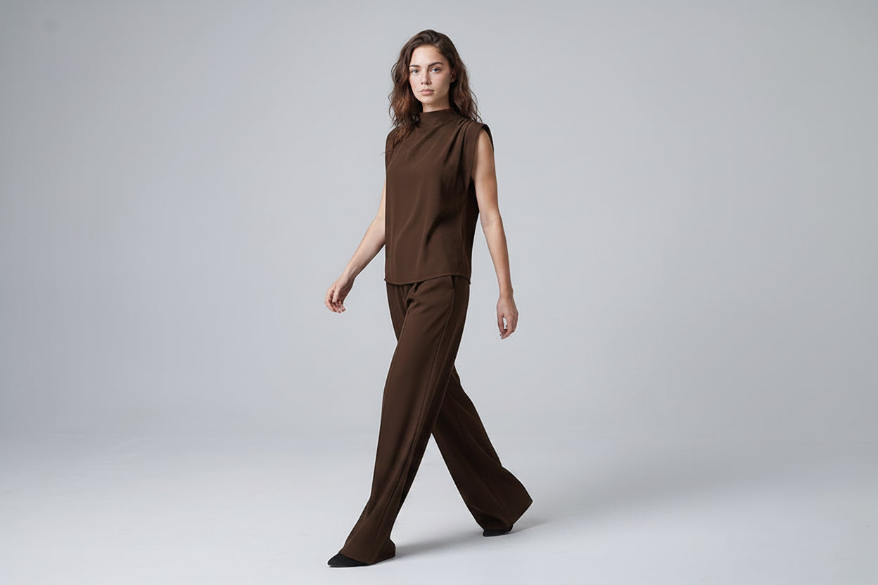 Crew neck sleevless shirt and wide trouser
