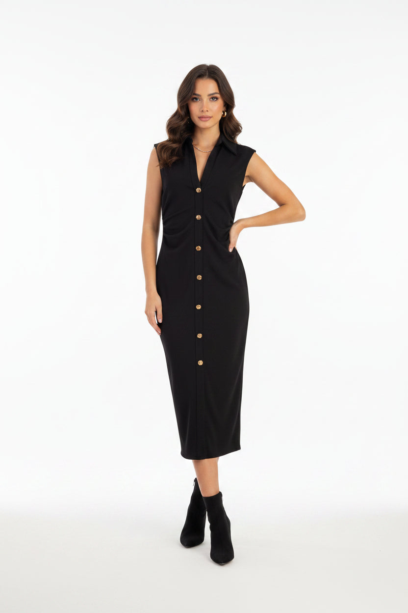 Piped Sleeveless Midi Dress