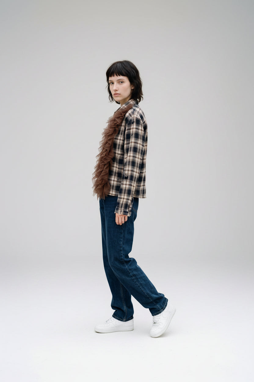 Plaid shirt with brown ruffled tulle
