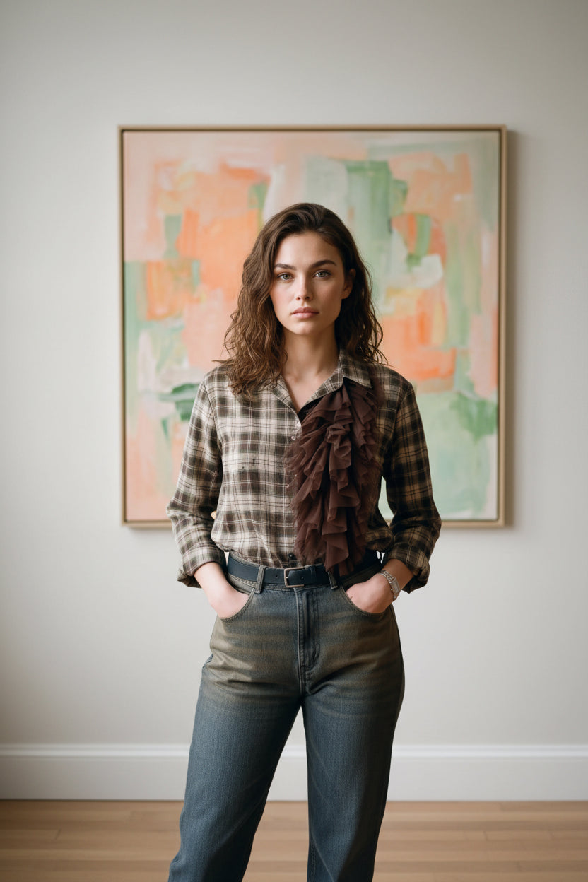 Plaid shirt with brown ruffled tulle